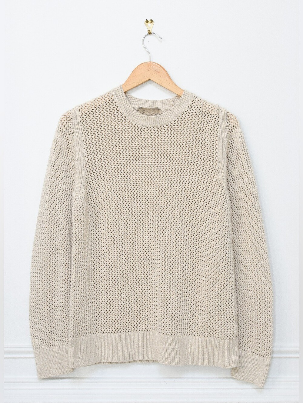 Everlane Mesh Soft Cotton Crew Neck Sweater Tan Beige Open Knit Size L Fisherman - Picture 10 of 10